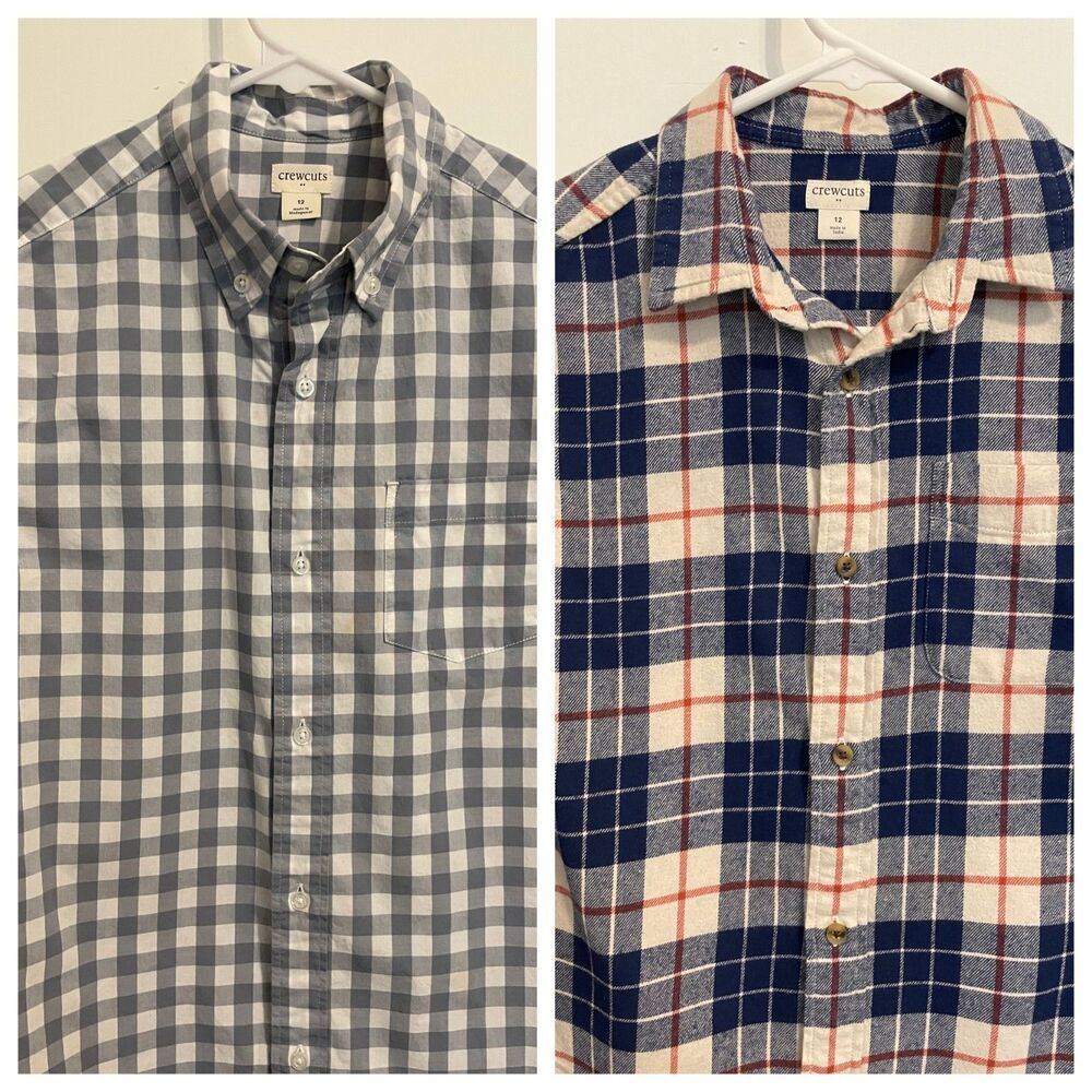 CREW CUTS Lot of 2 Boys Button SHIRTS Long Sleeve BLUE Gray PLAID Size 12